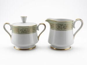 Yamaka Fine China Renaissance 2659R Sugar and Creamer Set, Sage Green Gold